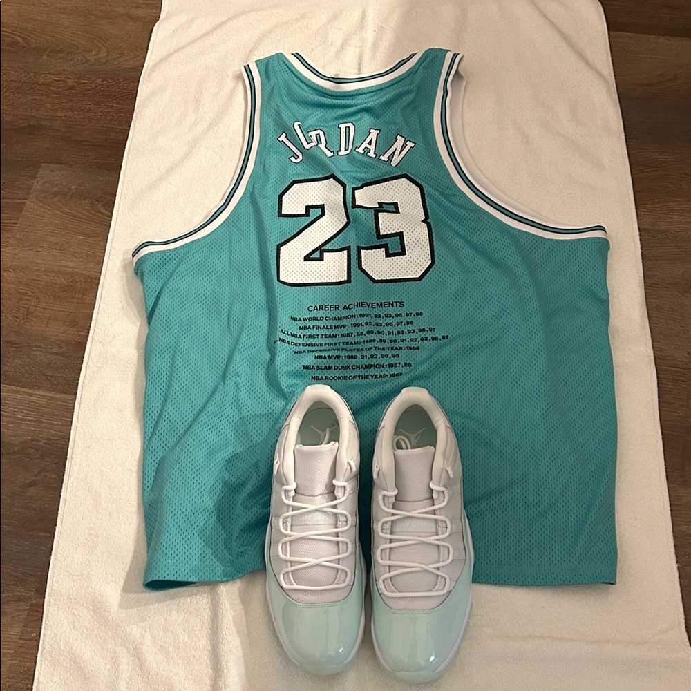 Women’s Air Jordan 11 Retro Low size 12 men size 10.5 with Jordan Jersey 2XL.